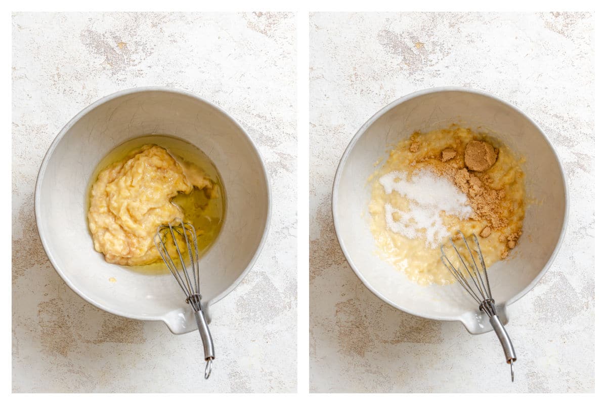 Mashed banana and oil in a bowl next to sugars on top of banana mixture.