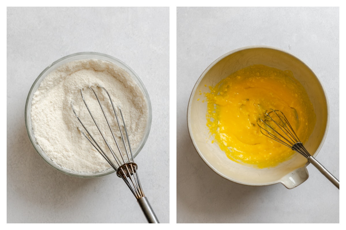 A whisk stirring dry ingredients together next to egg yolks and sugar in a bowl.
