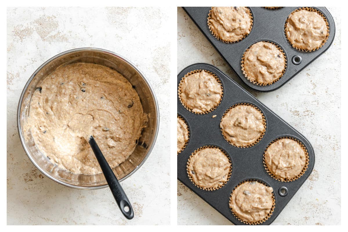 Bran muffin batter in a mixing bowl next to the batter in muffin tins. 