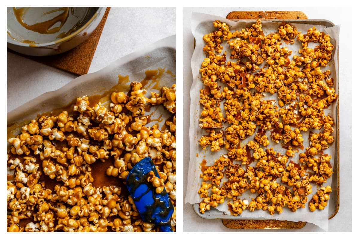 Homemade caramel poured over popcorn and baked caramel corn on a baking sheet. 