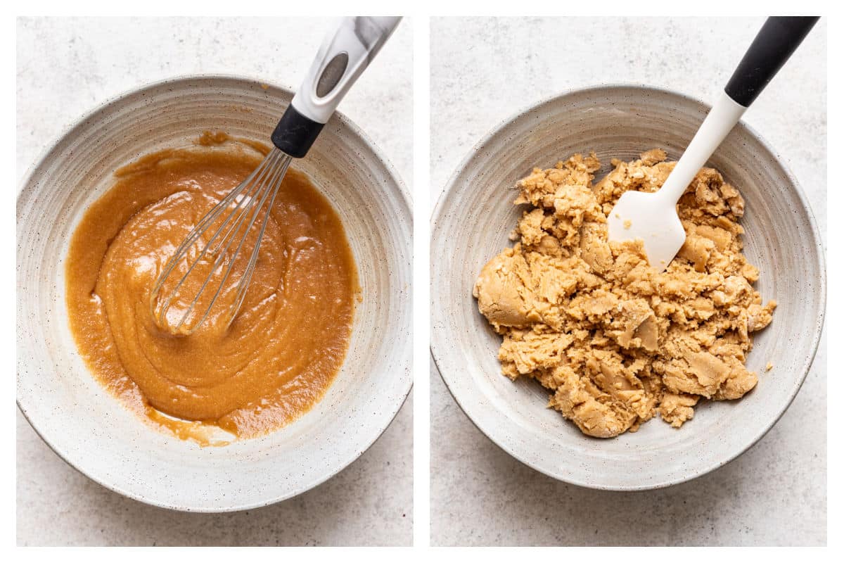 Melted butter and sugars in a mixing bowl next to cookie dough in a mixing bowl.