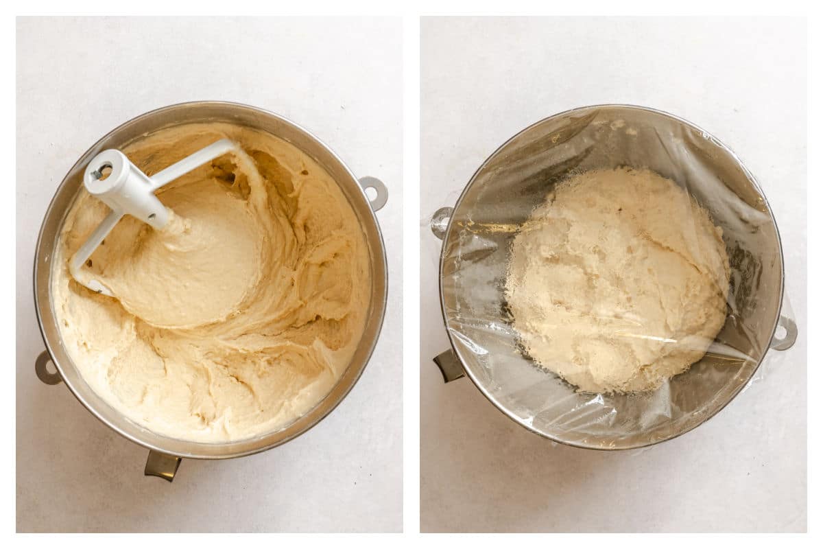 English muffin bread batter in a mixing bowl covered with plastic wrap. 