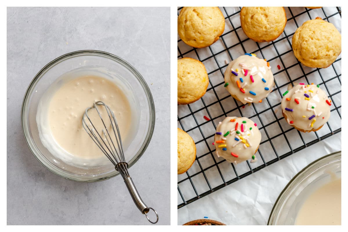 Icing ingredients in a bowl next to baked donut holes dipped in icing. 
