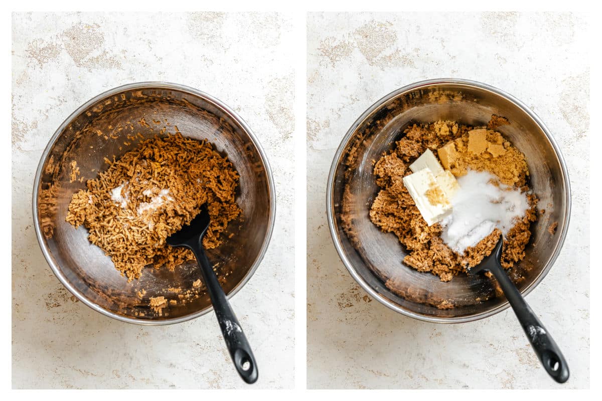 Bran buttermilk and water in a mixing bowl next to sugars on top. 