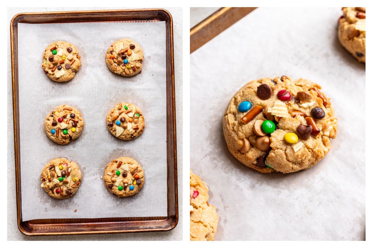 Six baked kitchen sink cookies on a baking sheet next to a closer picture of the cookie.