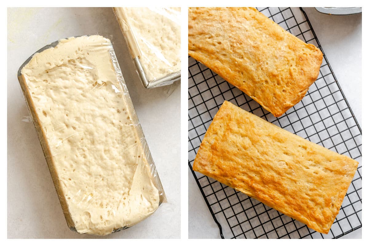 Risen English muffin bread batter in a pan next to the baked loaves. 