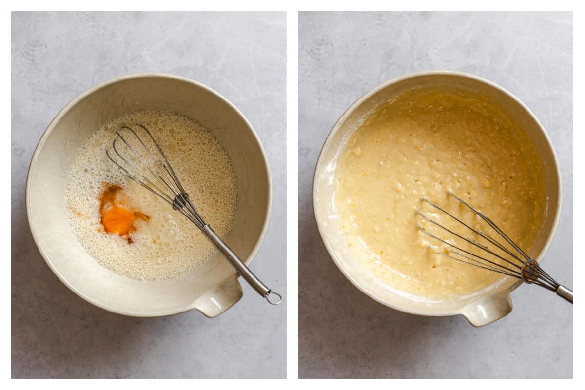Egg and vanilla whisked into wet mixture next to sugar cookie donut muffin batter in a mixing bowl. 