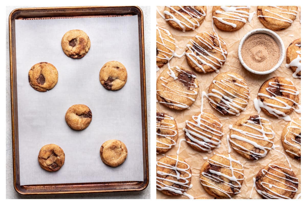 Baked cinnamon roll cookies on a baking sheet next to iced cookies. 