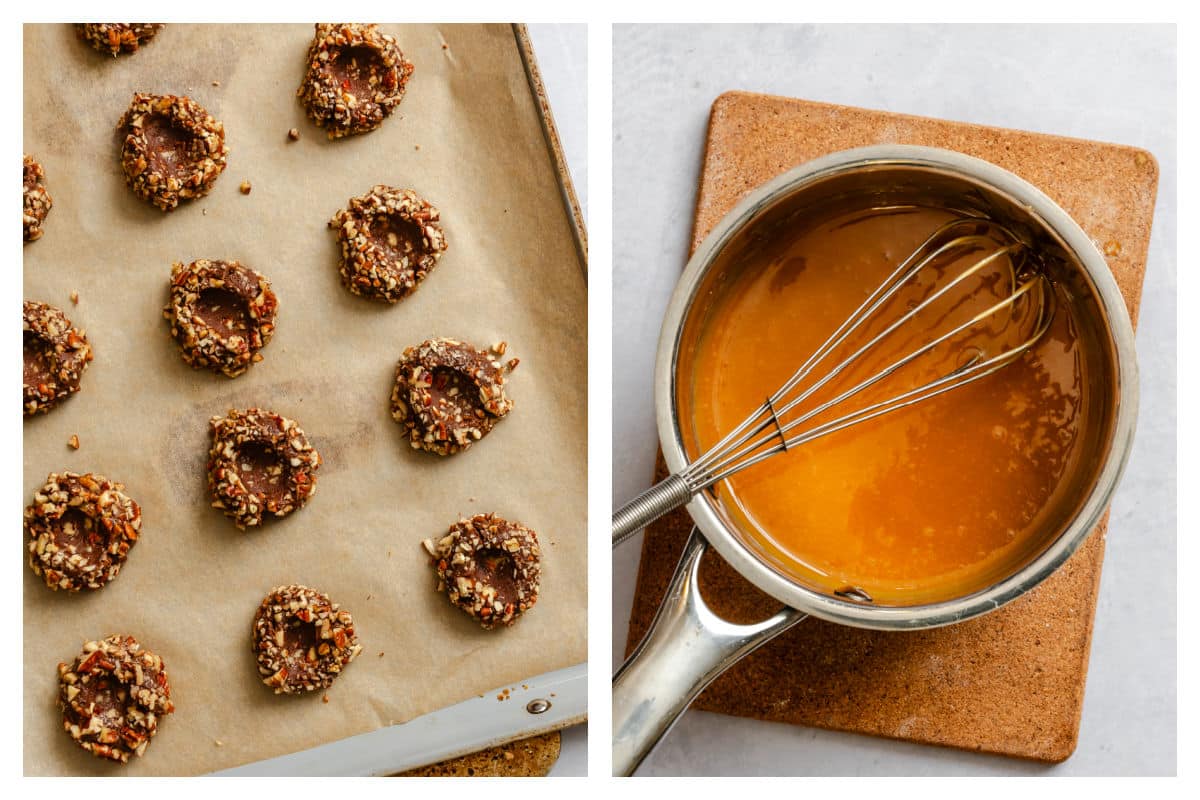 Thumb impressed pressed into chocolate cookies next to a pot of melted caramel. 