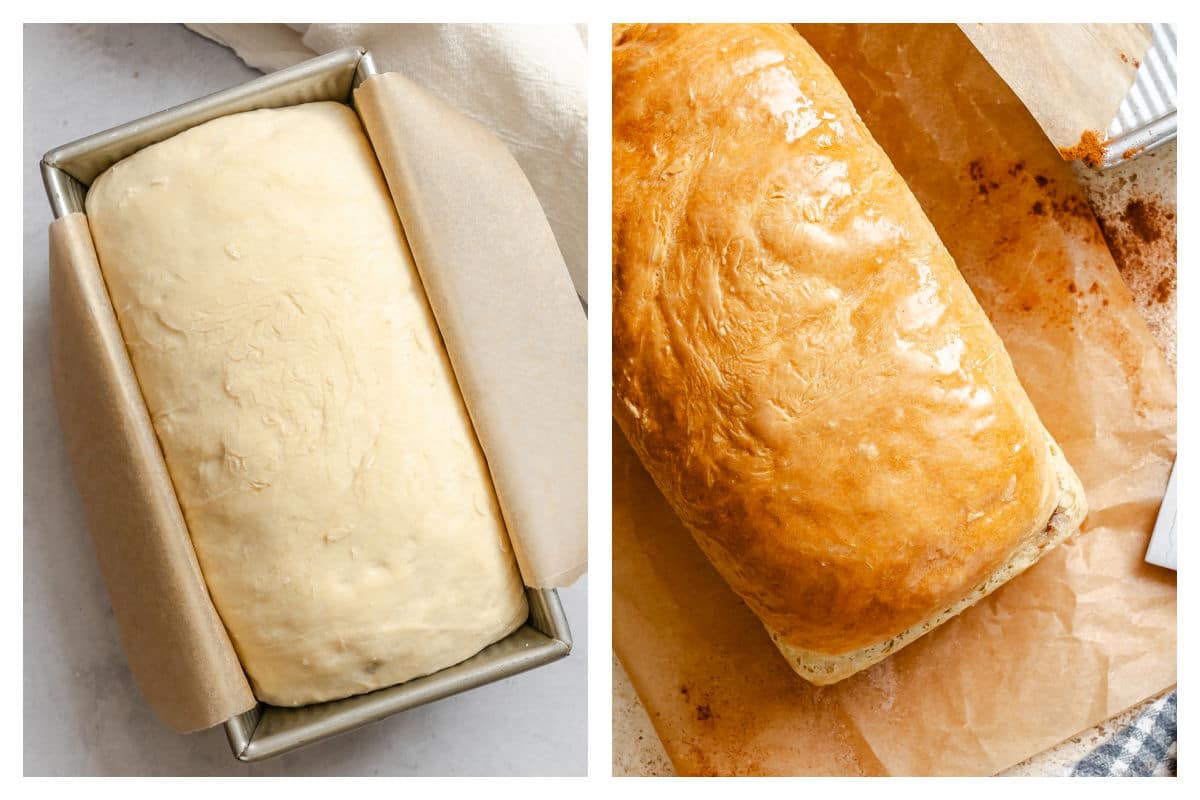 Risen cinnamon bread in a pan next to the baked loaf out of the pan.