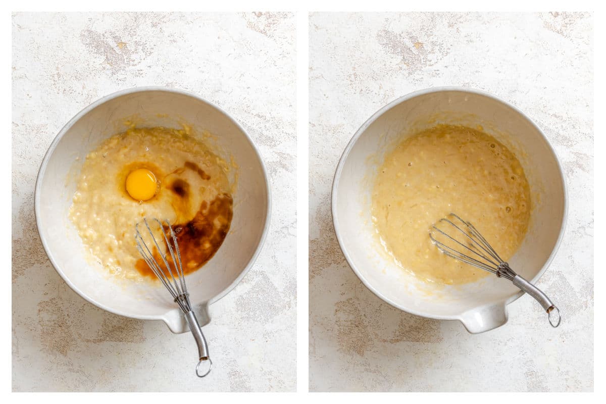 Egg and vanilla on top of banana mixture next to the mixture stirred together.