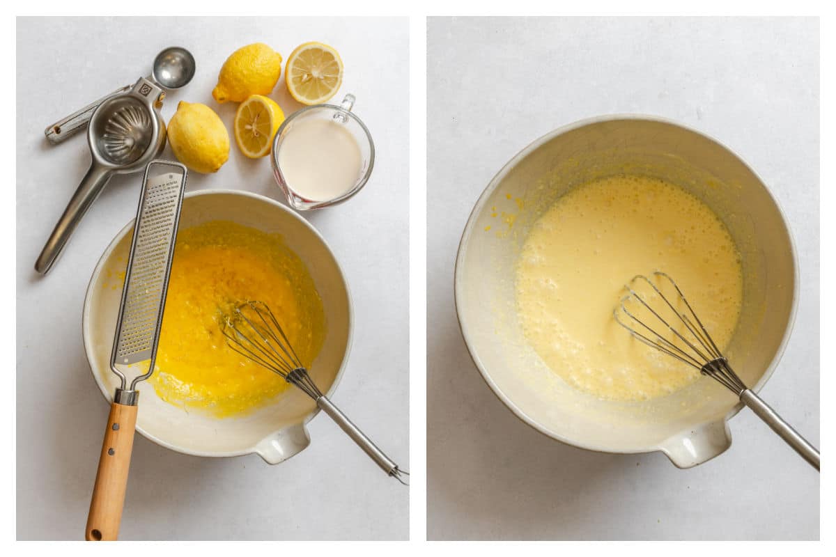 Lemon juice and lemon zest added to egg mixture next to whisked together in a bowl.