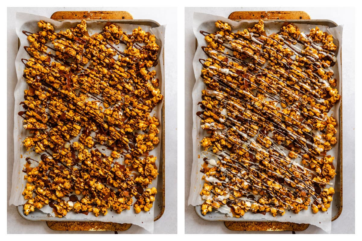 Popcorn drizzled with chocolate and then popcorn drizzled with white and chocolate. 