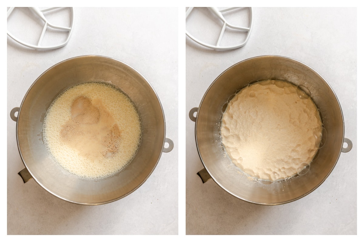 Yeast, sugar, and milk in a mixing bowl next to the proofed yeast. 