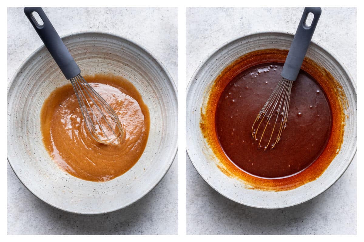 Melted butter and brown sugar in a bowl next to molasses and egg mixed in.