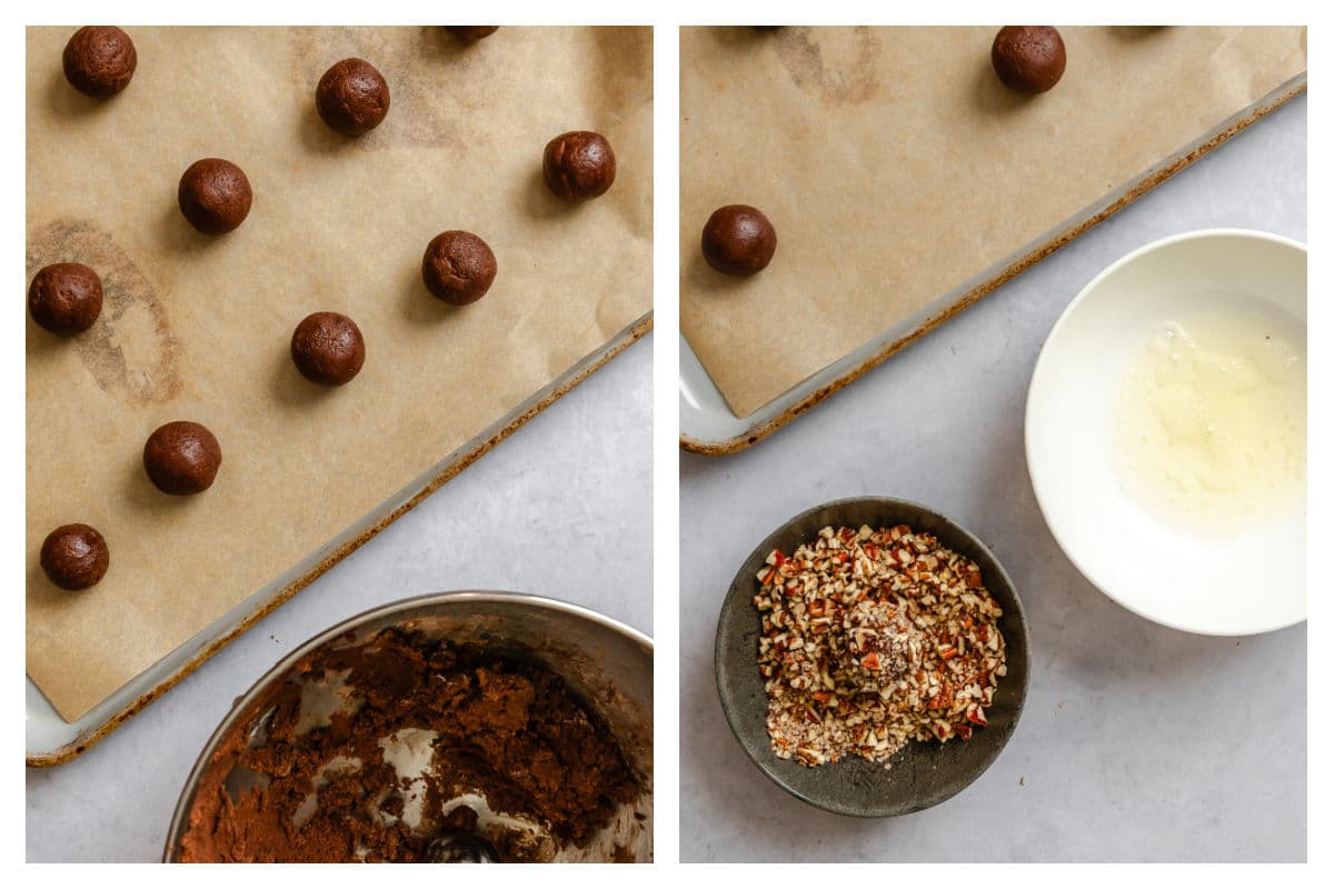 Balls of chocolate cookie dough on a baking sheet next to dishes of beaten egg white and chopped pecans.