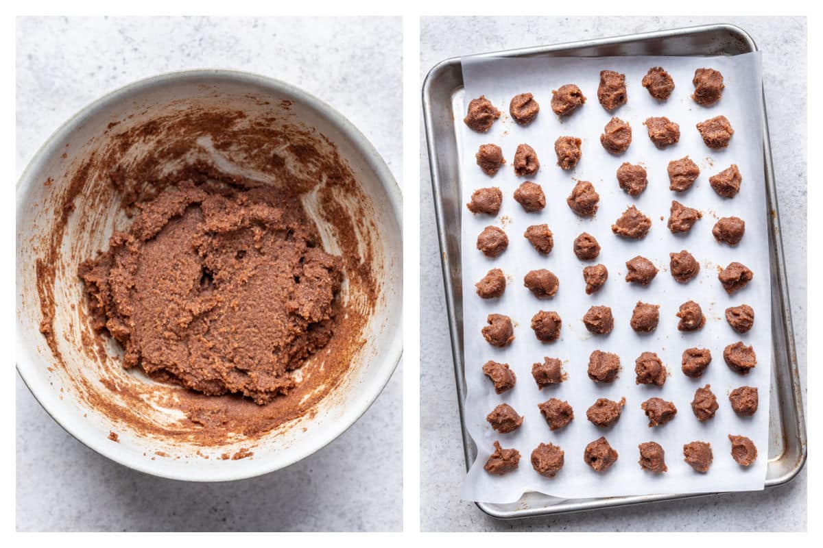 Cinnamon roll cookie filling in a mixing bowl next to scoops of filling on a baking tray.