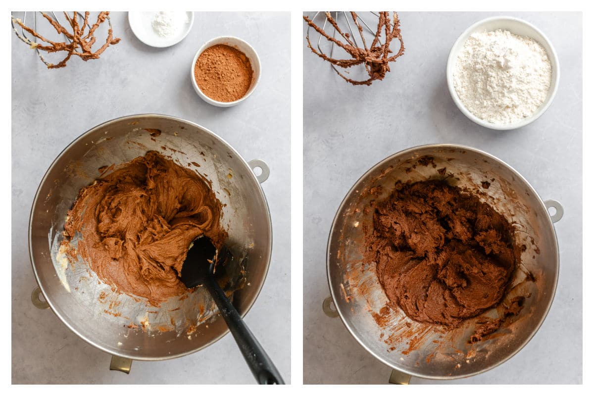 Melted chocolate mixed into butter mixture next to dry ingredients added to chocolate cookie dough.