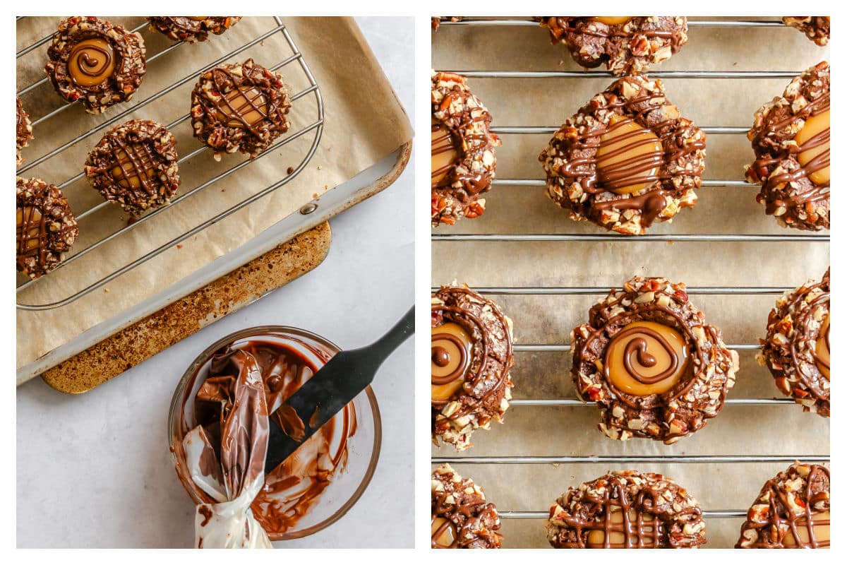 A baggie full of melted chocolate next to melted chocolate drizzled over chocolate caramel thumbprint cookies.