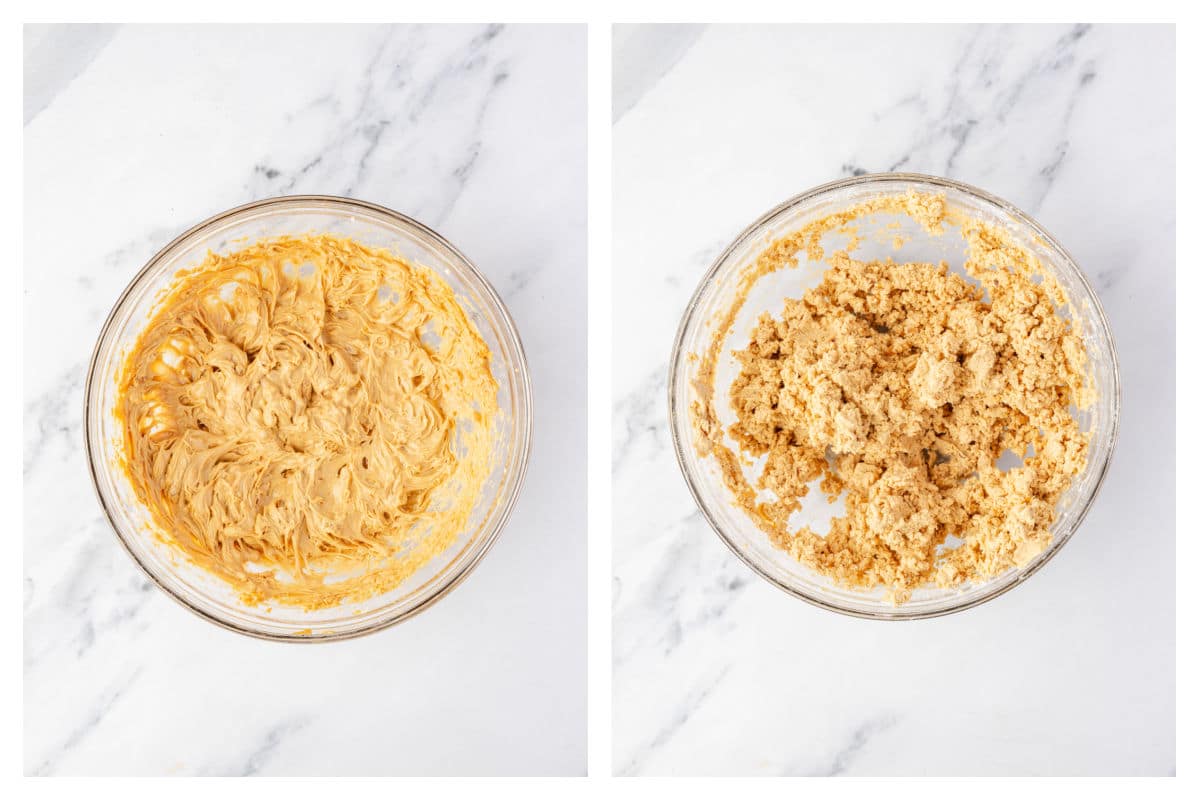 Beaten peanut butter and butter in a bowl next to powdered sugar and vanilla mixed in.