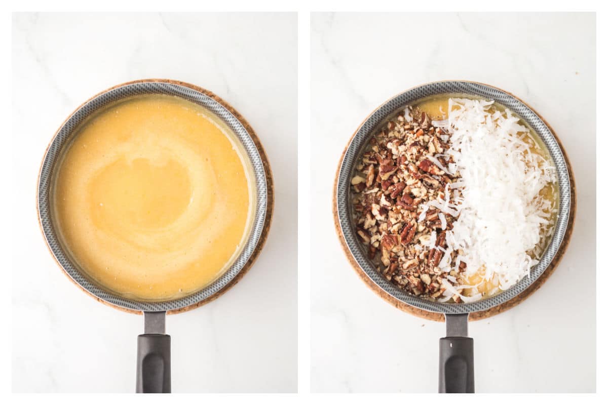 German chocolate filling cooking in a saucepan next to chopped pecans and coconut on top.