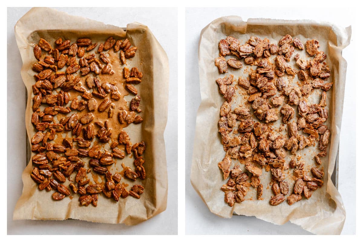 A tray of unbaked pecans next to a tray of baked candied pecans.