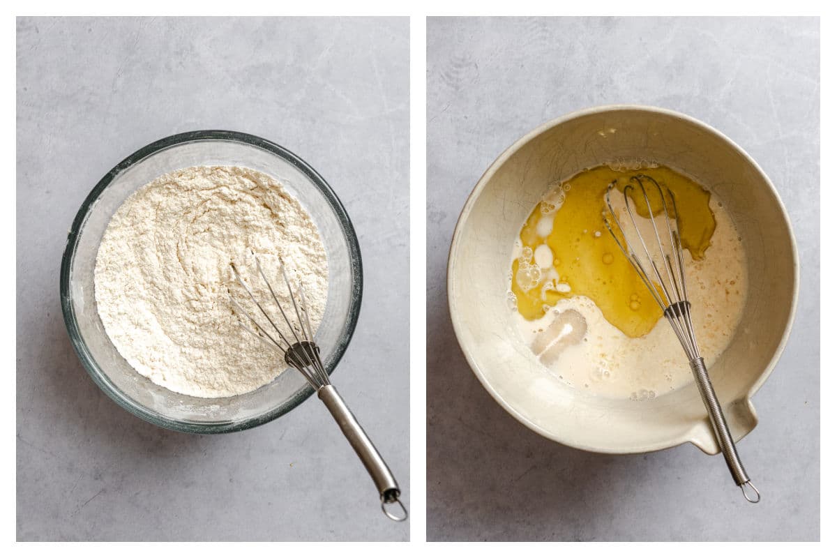 Dry ingredients in a mixing bowl next to creamer oil and sugar in a separate mixing bowl. 