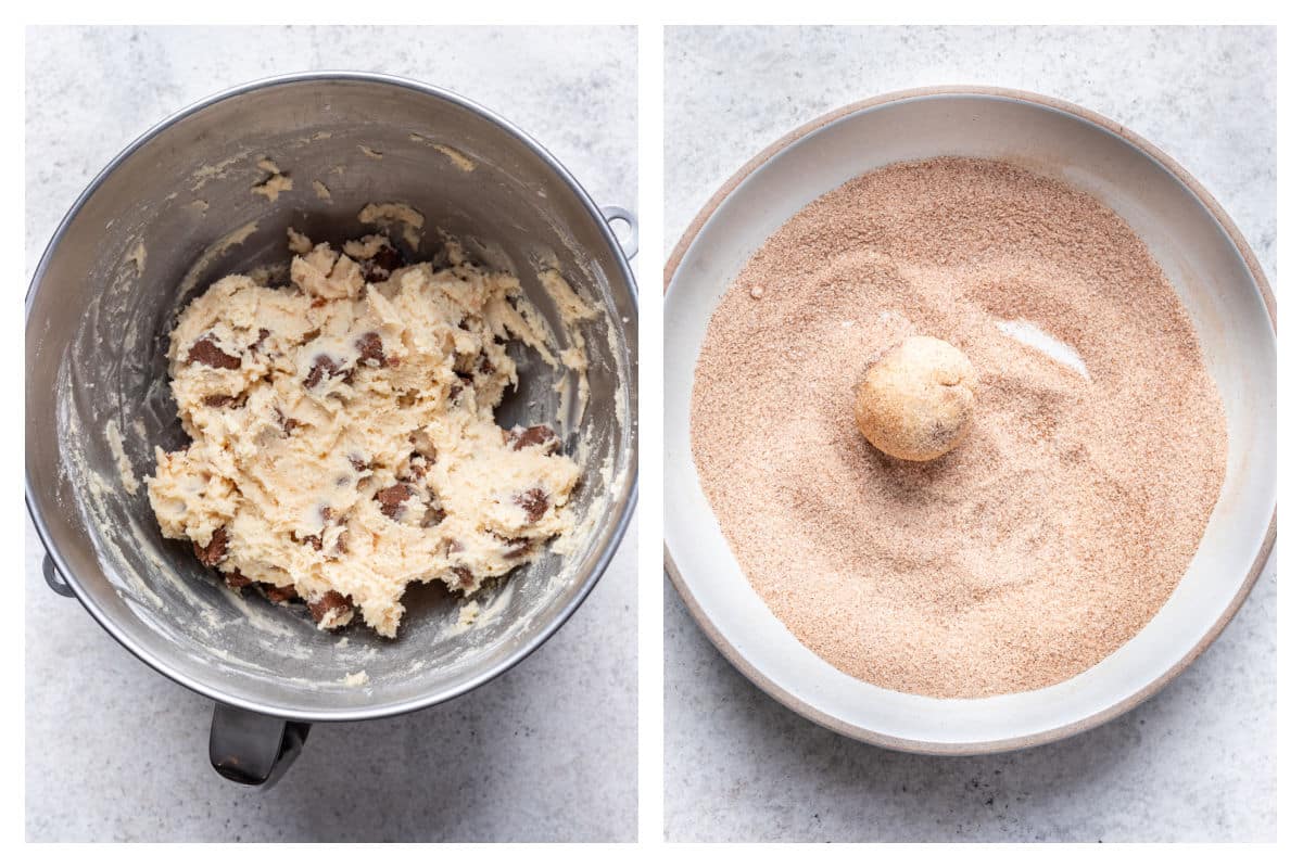 Cinnamon roll filling on top of cookie dough next to a scoop of dough in cinnamon sugar. 