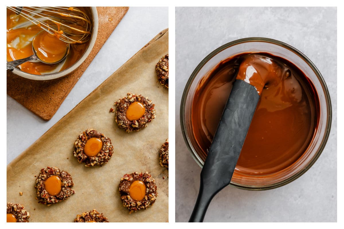 Cookie centers filled with caramel next to a dish of melted chocolate.