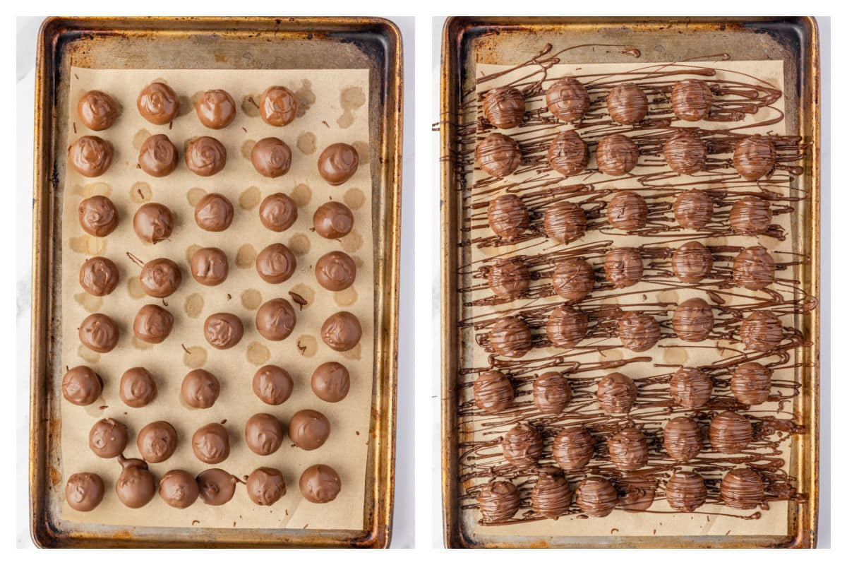 Chocolate dipped peanut butter balls on a sheet pan next to the balls drizzled with melted chocolate.