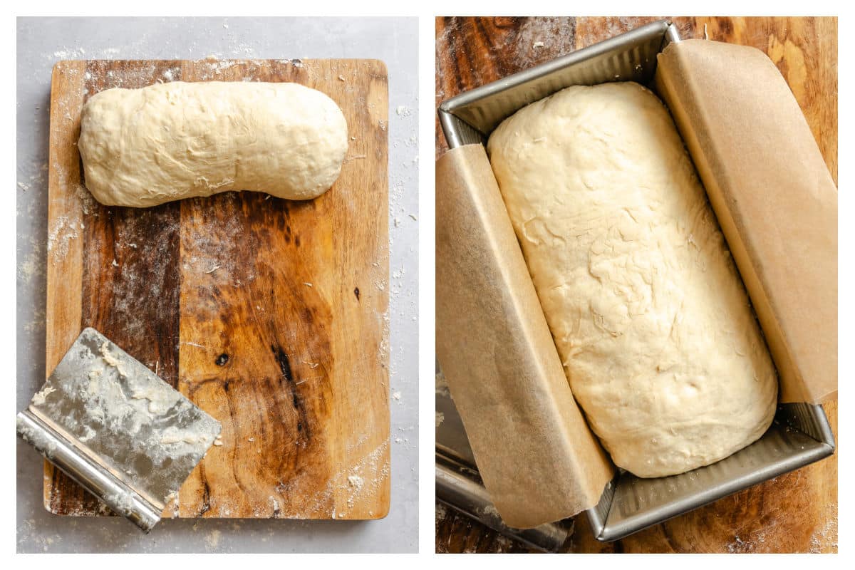 A rolled up loaf of cinnamon bread next to the bread in a bread pan.
