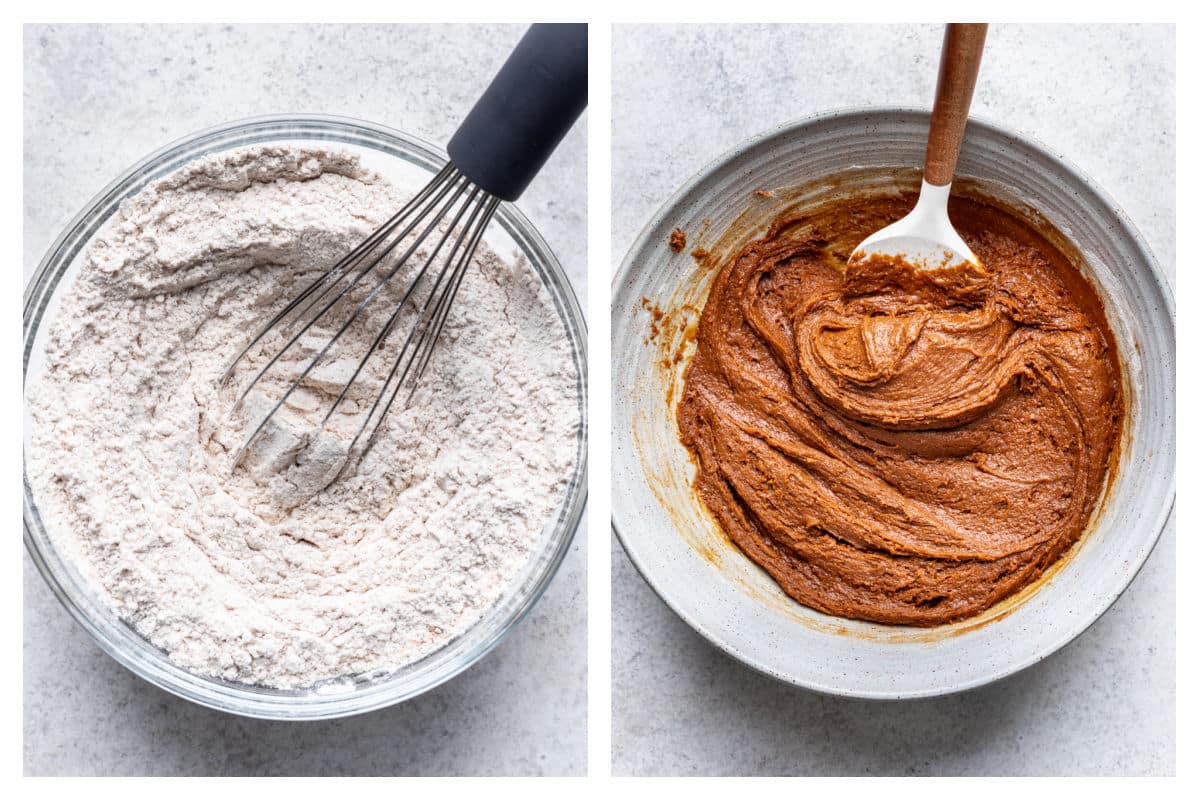 Dry ingredients in a mixing bowl next to dry ingredients mixed into wet ingredients. 