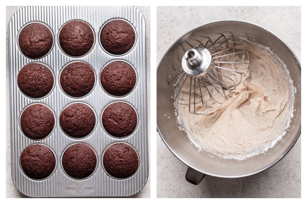 Baked gingerbread cupcakes in a muffin tin next to cinnamon cream cheese frosting in a mixing bowl. 