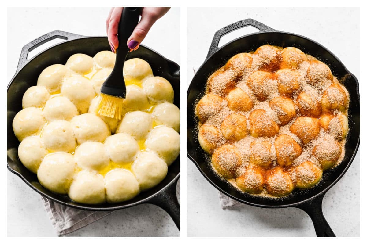 A basting brush brushing melted butter over dough balls next to cinnamon sugar sprinkled over the dough.
