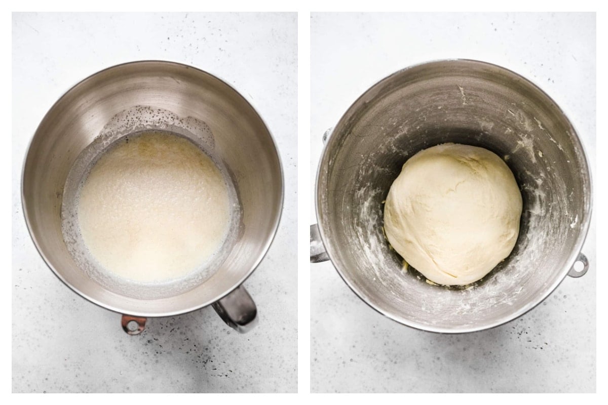Yeast proofing in a bowl next to cinnamon roll bite dough in a mixing bowl.