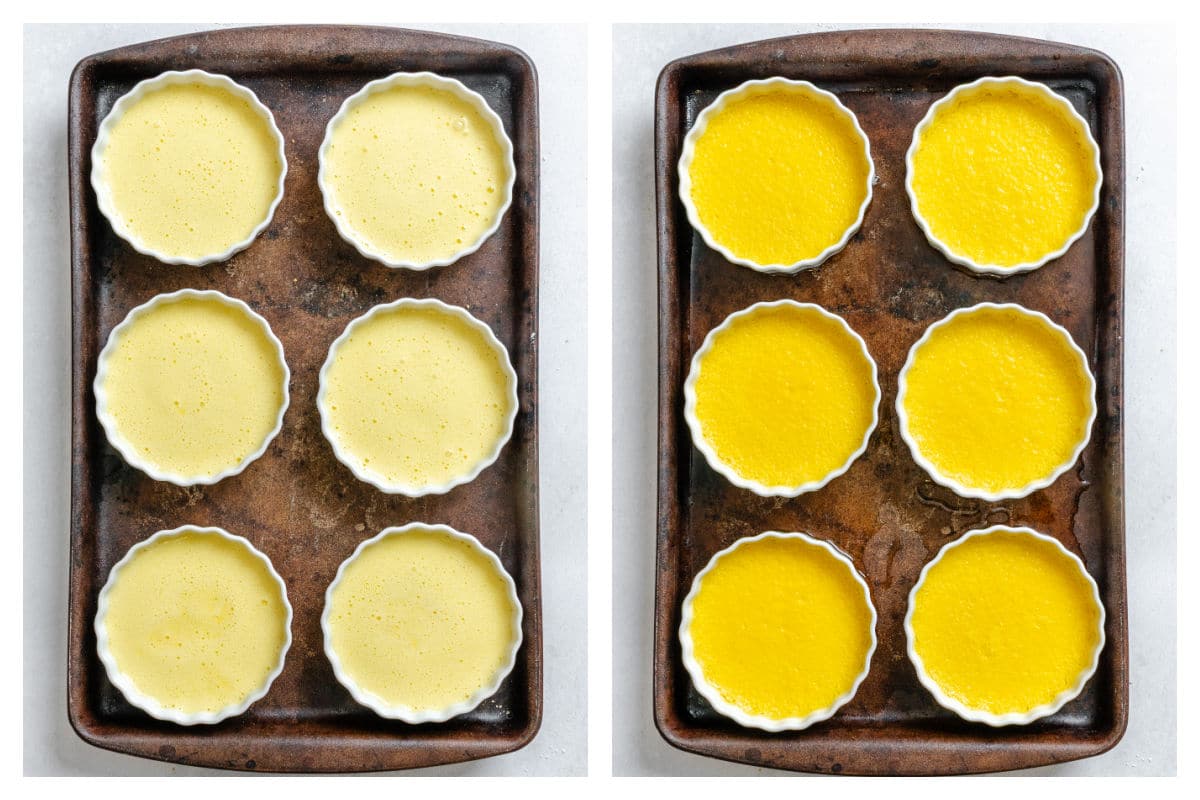 Creme brulee mixture in ramekins on a baking sheet.