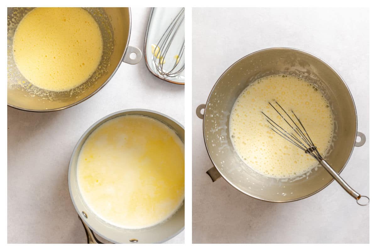 Tempered egg in a bowl next to the egg mixture in a mixing bowl. 