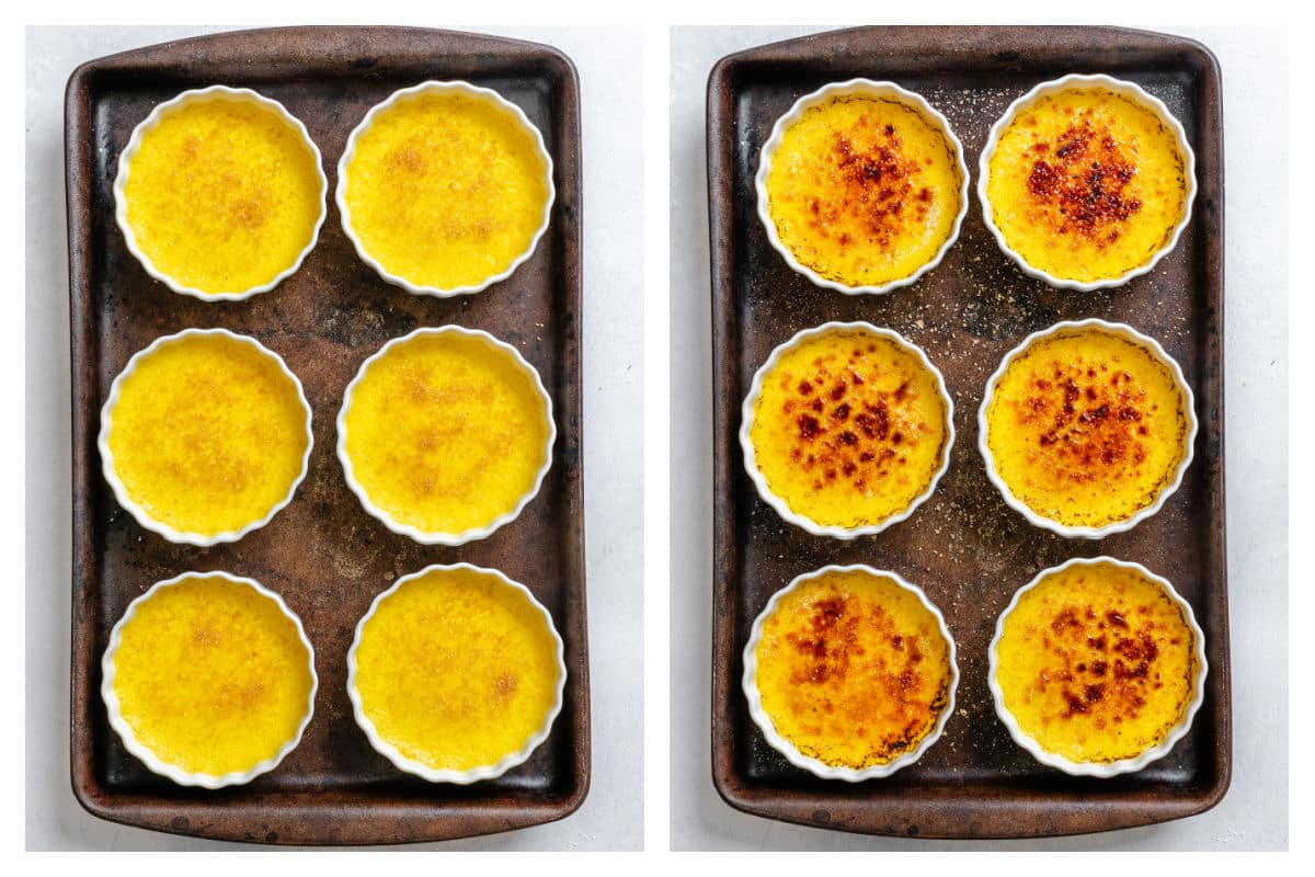 Sugar sprinkled over cooked creme brulee next to the caramelized sugar on top.