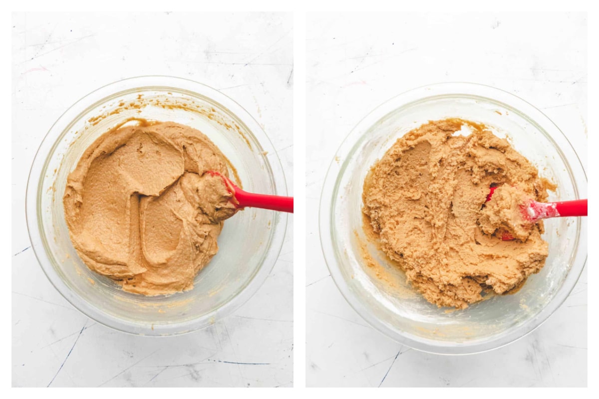 Egg and vanilla mixed into peanut butter mixture next to dry ingredients mixed in.