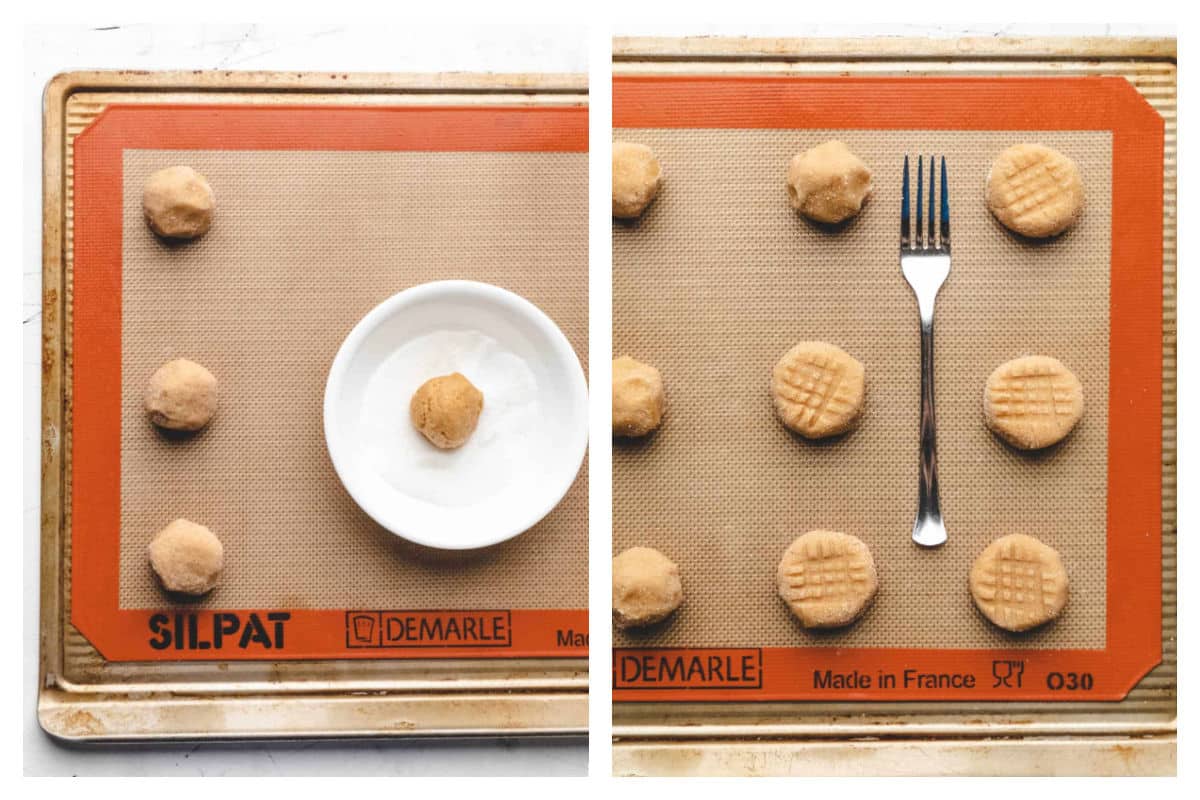Peanut butter dough ball in a dish of sugar next to a fork making cross hatch designs on cookies.