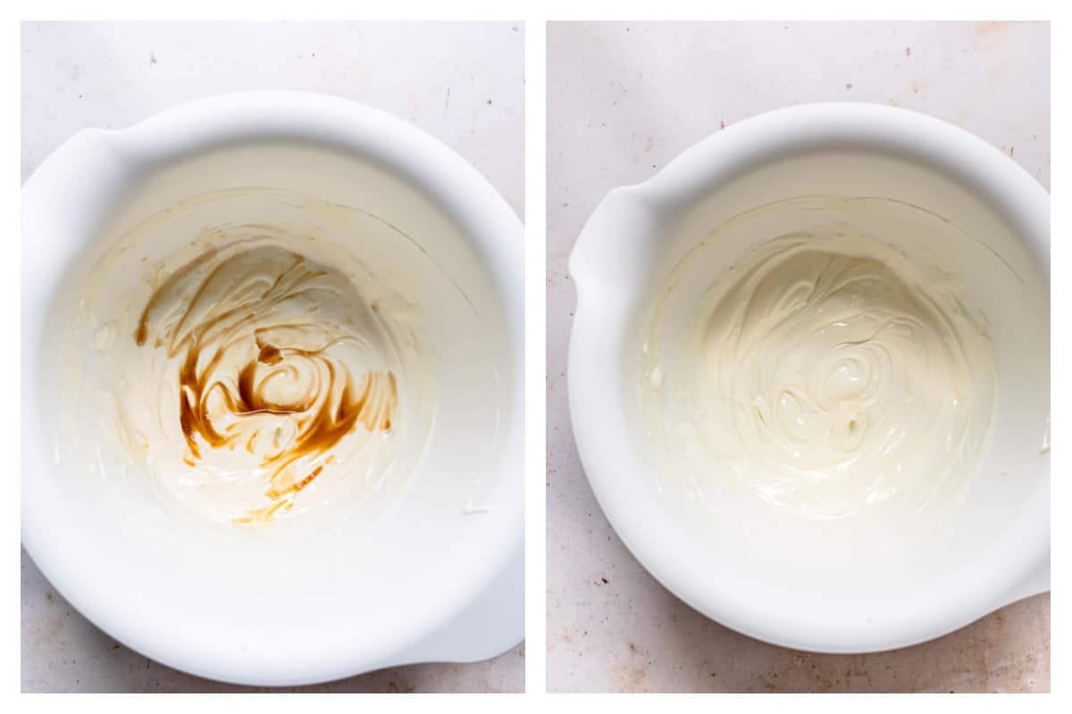 Yogurt sugar and vanilla in a mixing bowl and stirred together. 