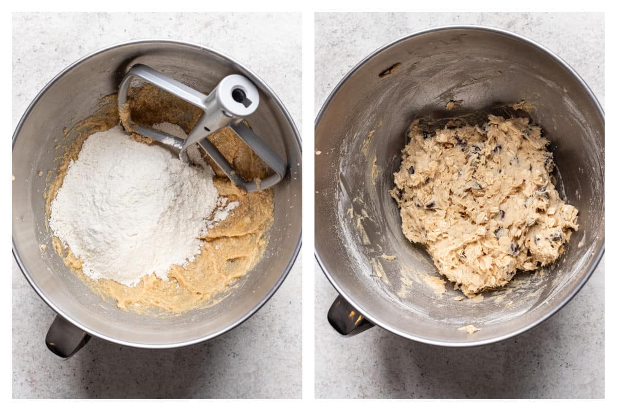 Dry ingredients on top of butter mixture in a mixing bowl next to banana oatmeal cookie dough in a bowl.