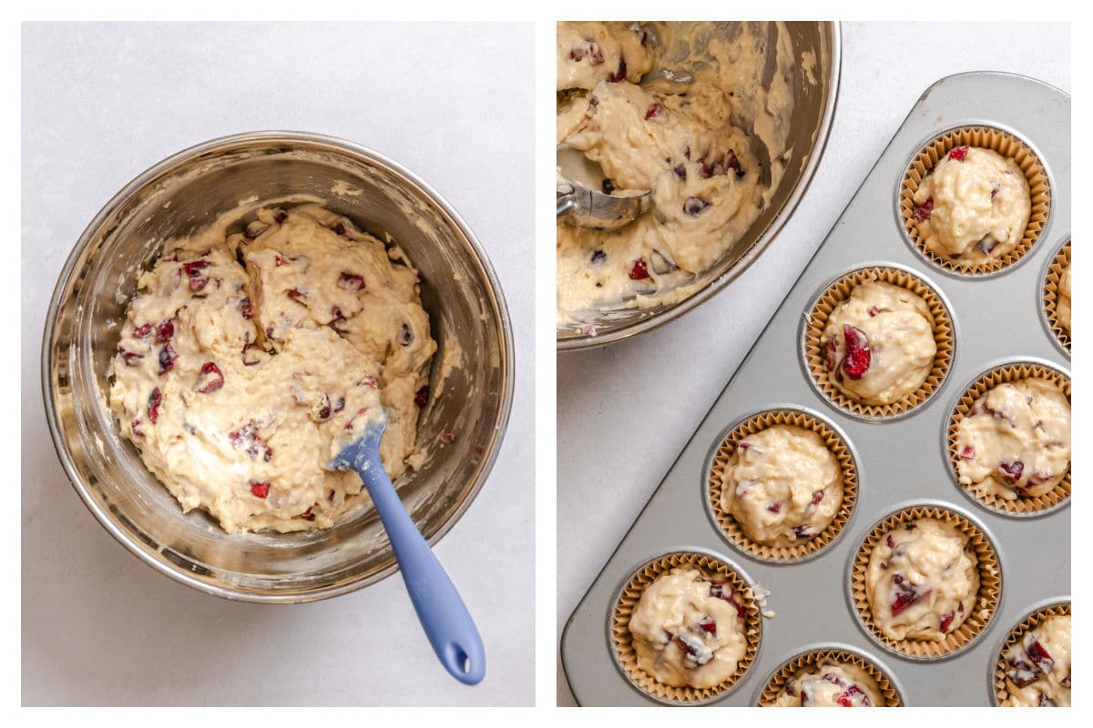 Cherries folded into muffin batter next to batter in a muffin tin.