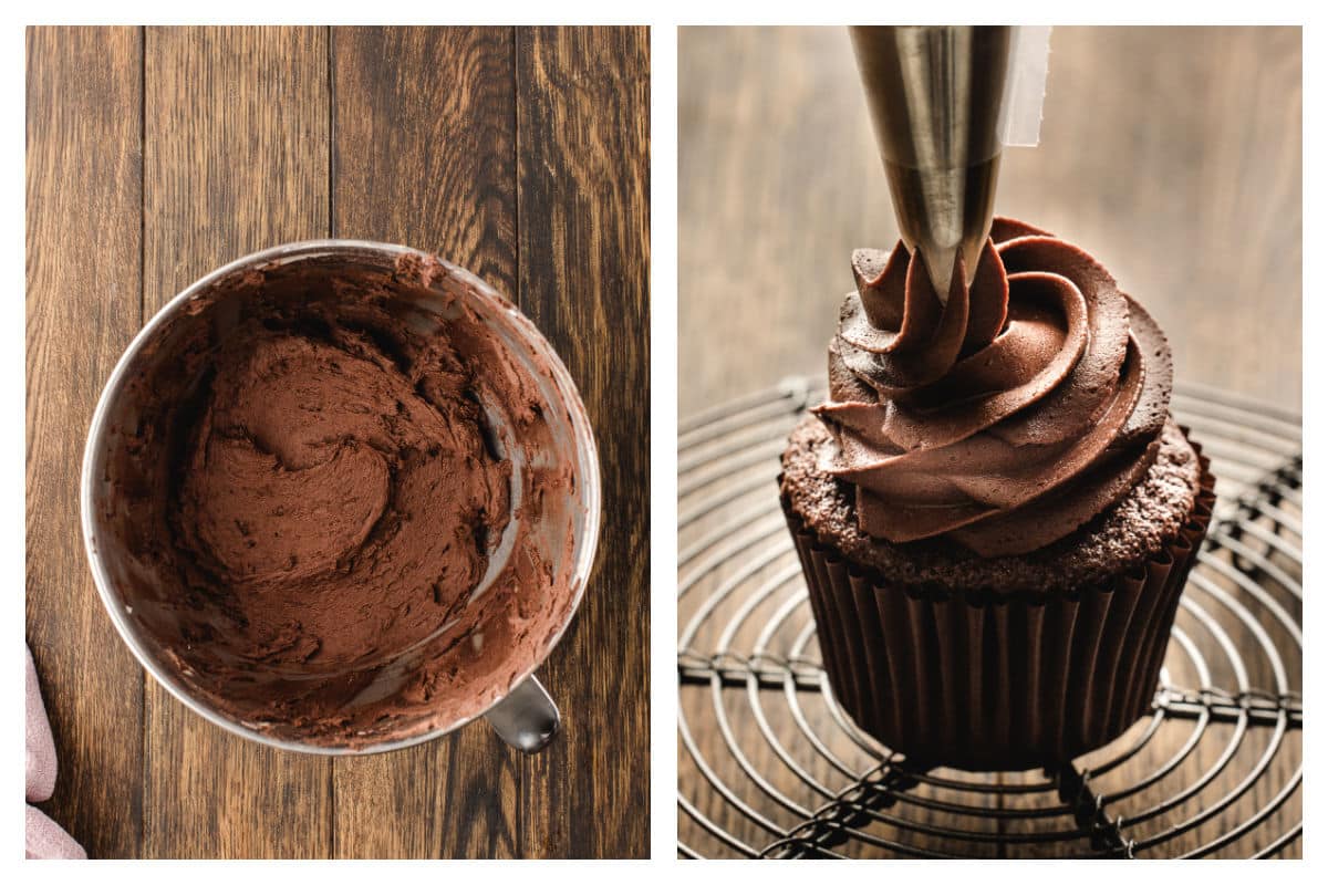 Chocolate buttercream frosting in a mixing bowl next to the frosting being piped onto a cupcake.