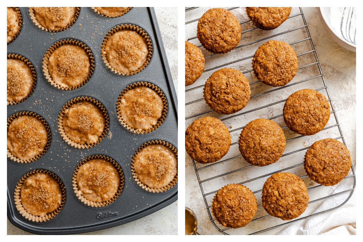 Applesauce muffin batter sprinkled with sugar in a muffin tin next to the baked muffins on a wire rack.