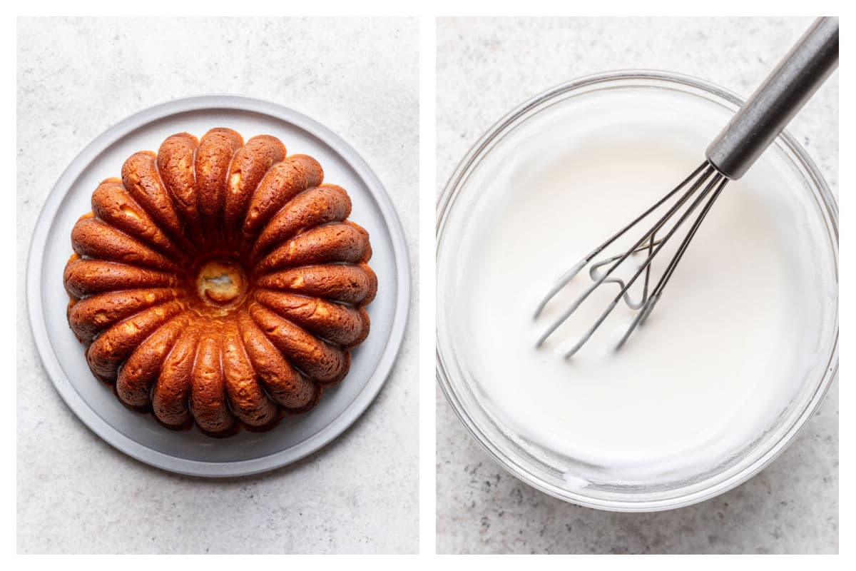 A baked lemon pound cake on a platter next to a bowl of lemon glaze with a whisk in it.