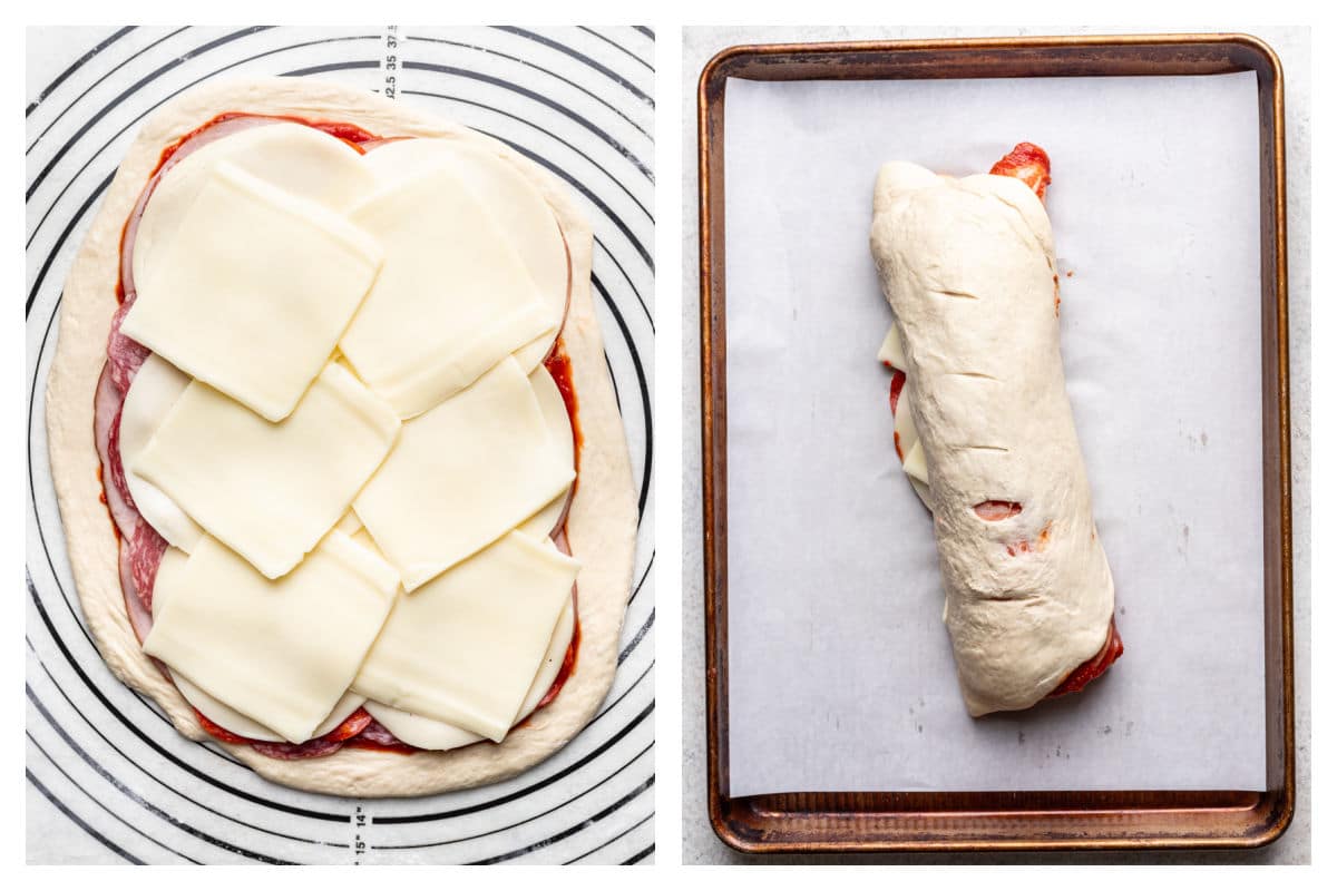 Slices of cheese over meat and dough and stromboli dough rolled up. 