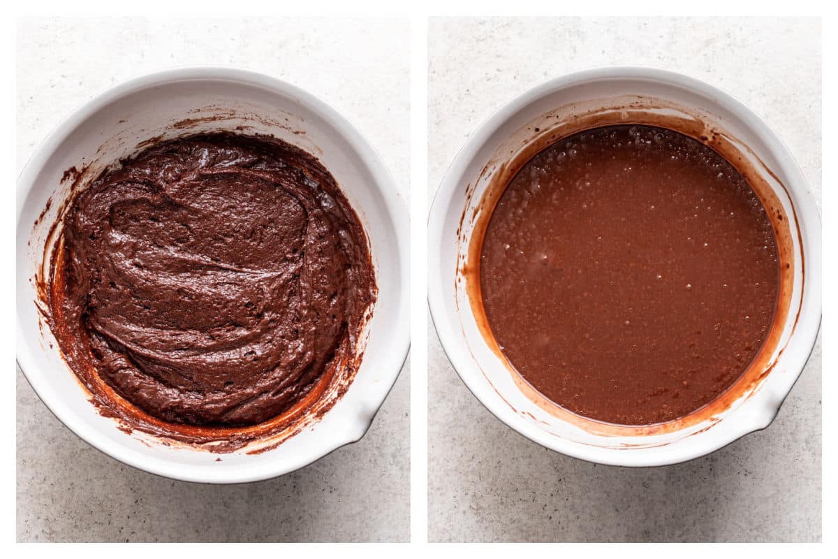 Dry ingredients whisked into wet ingredients next to hot water and vanilla whisked in.