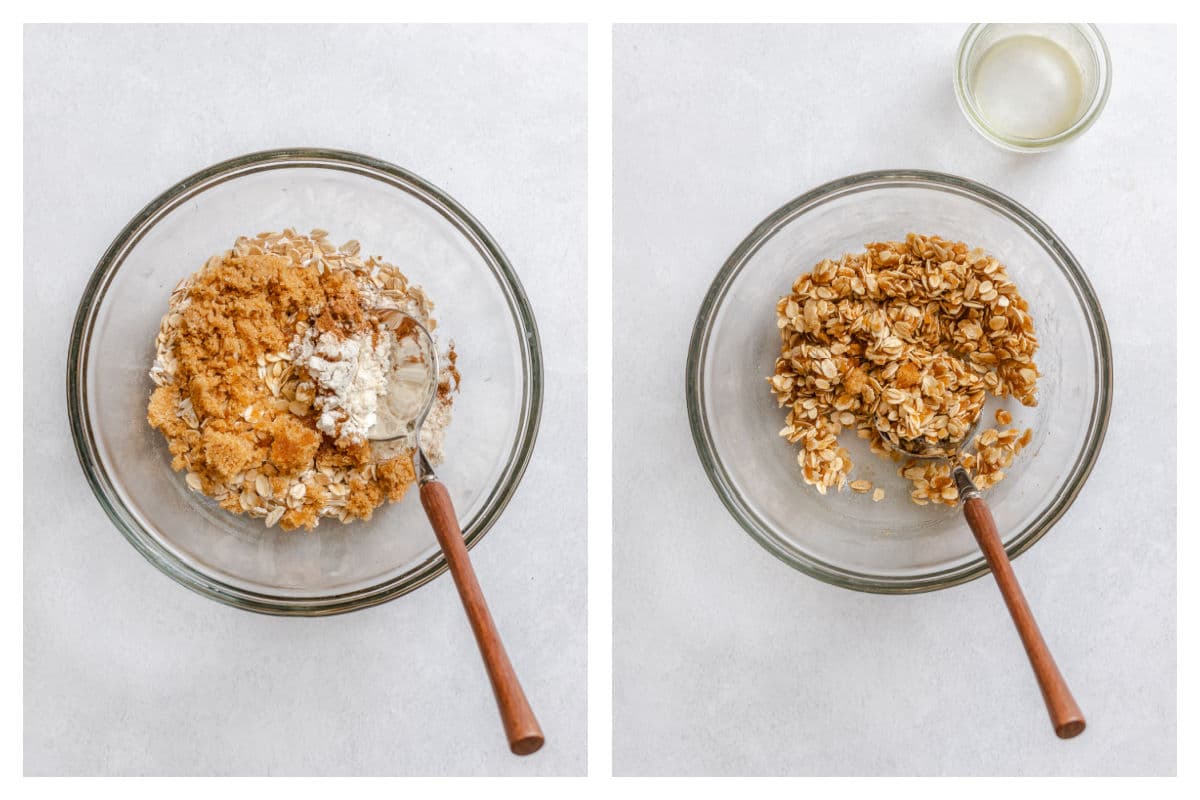 Dry ingredients for oat topping in a bowl next to melted butter mixed in.