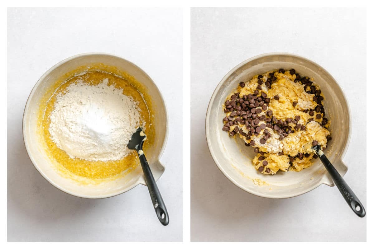 Dry ingredients on wet ingredients next to chocolate chips mixed into banana bread batter.